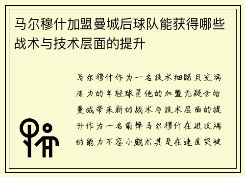 马尔穆什加盟曼城后球队能获得哪些战术与技术层面的提升
